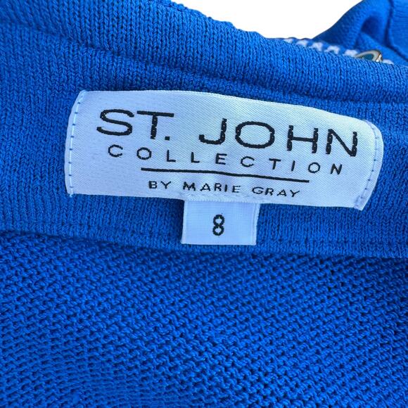 St. John 8 Santana Knit Jacket Cobalt Blue White Stitching Cardigan Blazer - Picture 8 of 11